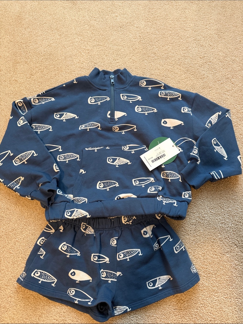 Mini Boden Navy Blue Fish Print Quarter-Zip Sweater